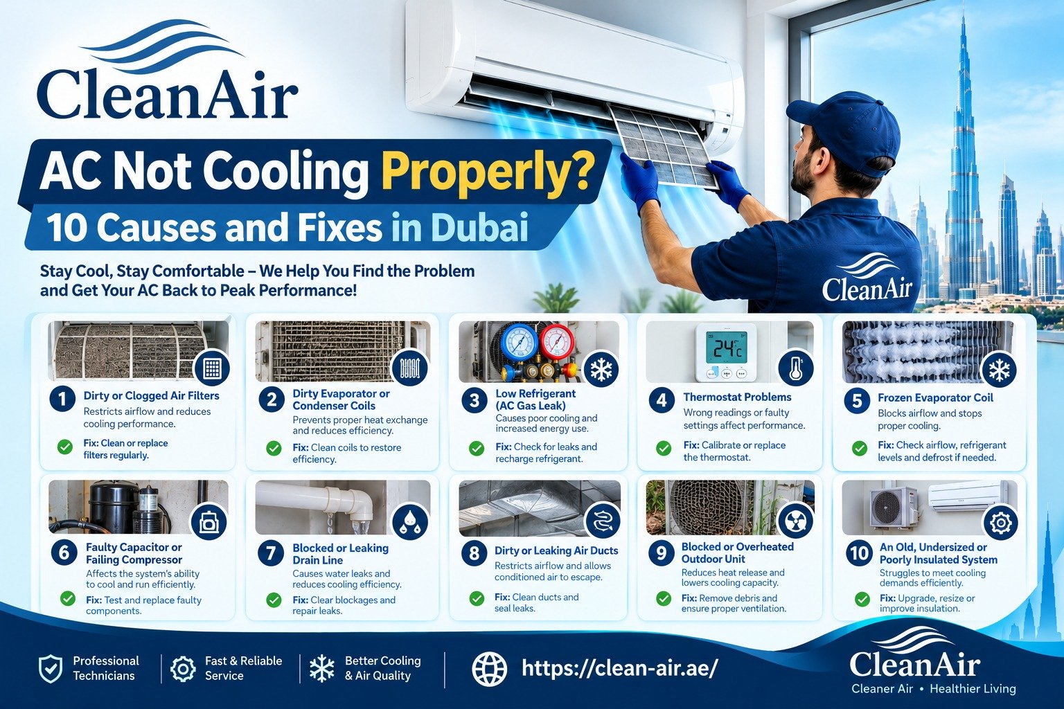 AC Not Cooling Properly? 10 Causes & Fixes in Dubai with Clean Air